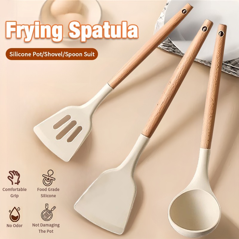 3PCS White Silicone Kitchenware Cooking Utensils Set Wooden Handle Non-Stick Spatula