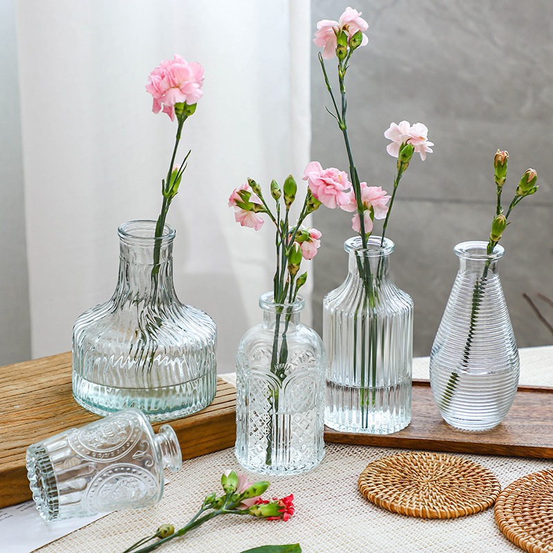 Transparent Vintage Glass Vase French Mini Vase Living Room Flower Vase Embossed Bottle Home Décor