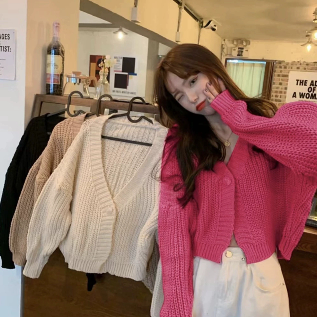 FunnyeS Korean One Button V-neck Long Sleeve Knitted Cardigan Top Cardigan Jacket Casual Tops 2224