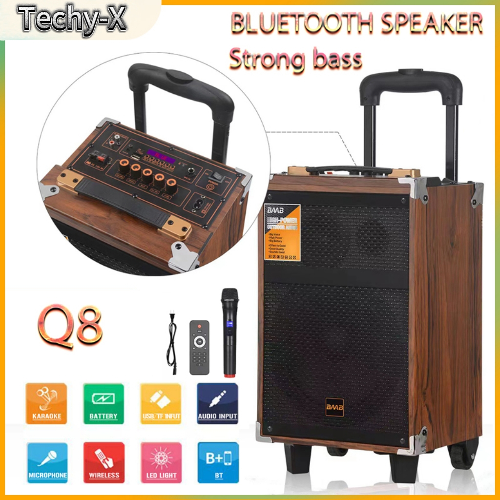 Q15 Q12Q8 large Speakers Wooden 6000W Bluetooth Bass Trolly Karaoke Speaker Free Wireless Microphone