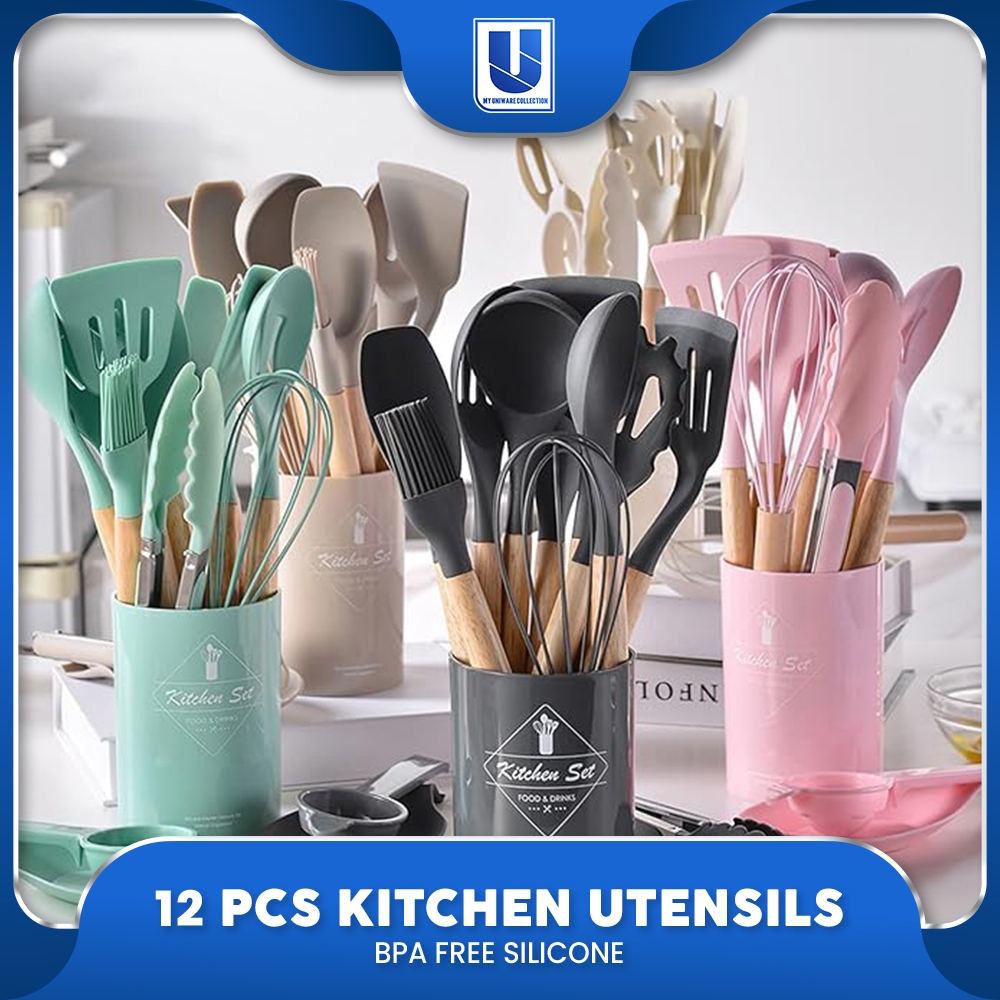 12pcs Silicone Utensil Set Heat Resistant Nonstick Kitchen Cooking Baking Tools Wooden Handles
