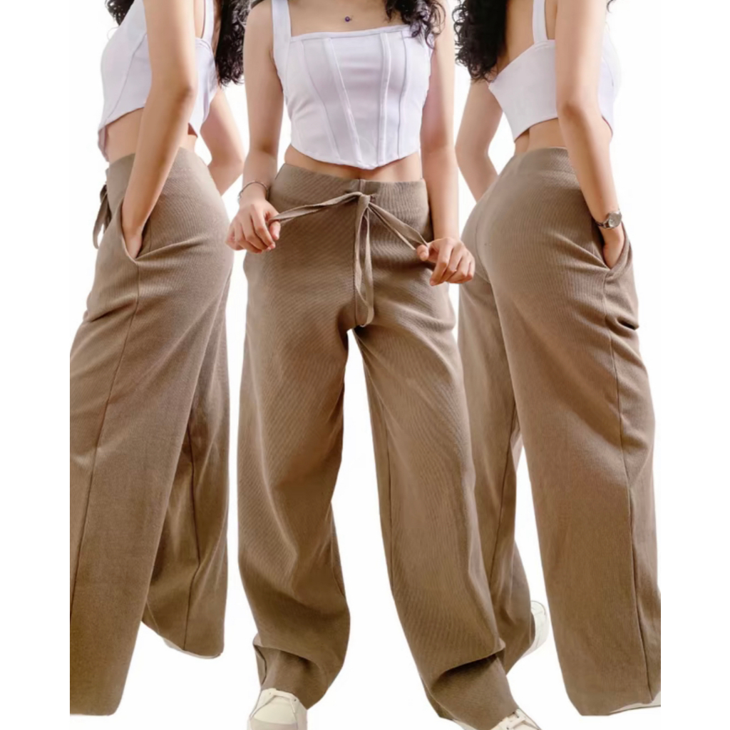 High Waist Knitted Wide Leg Pants With 2 Side Pocket Comfy Loose FIt Straight Cut Darwstring Trouser