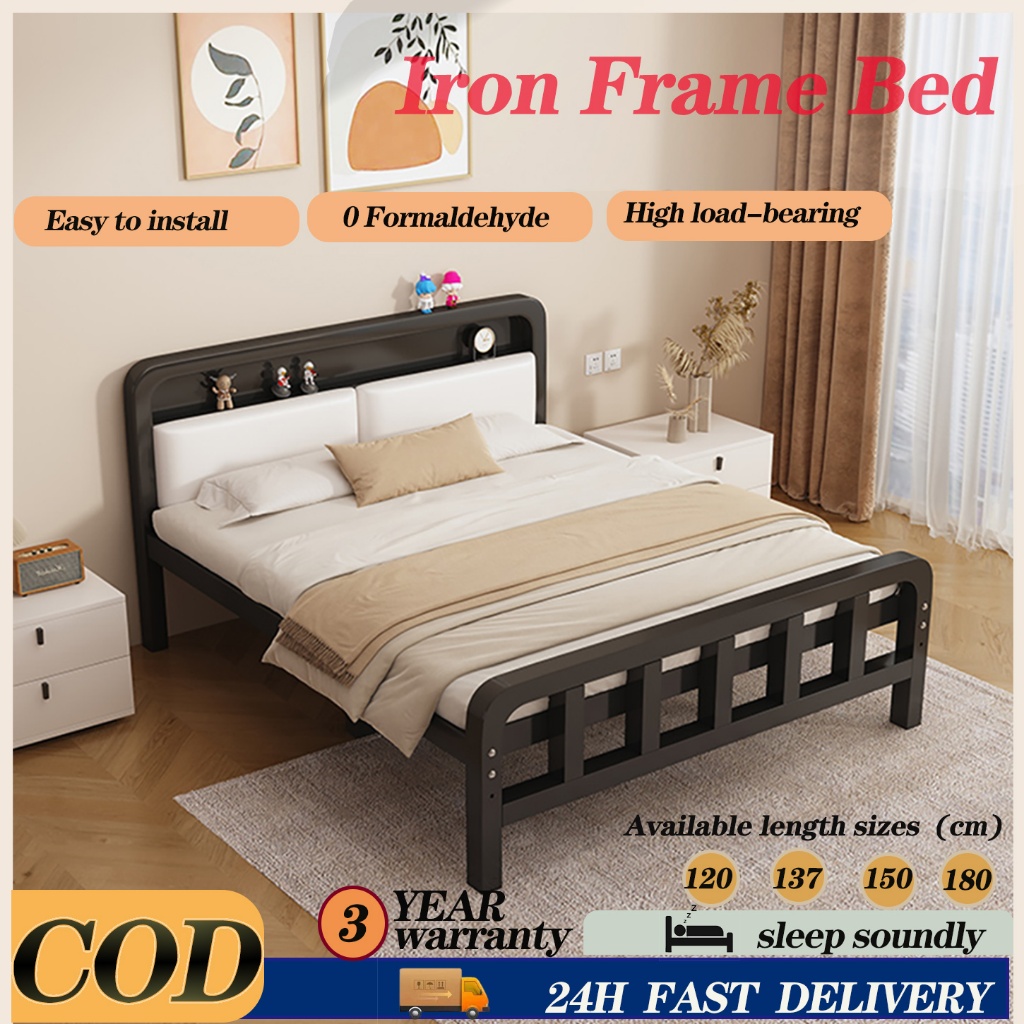Heavy-Duty Metal Iron Bed Frame with Backrest, King/Queen Size, Strong & High Quality