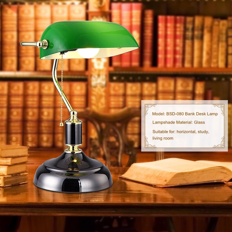 Classical American Table Lamp Pull Wire Switch Glass Lampshade Metal Base Study Living Room Bedside
