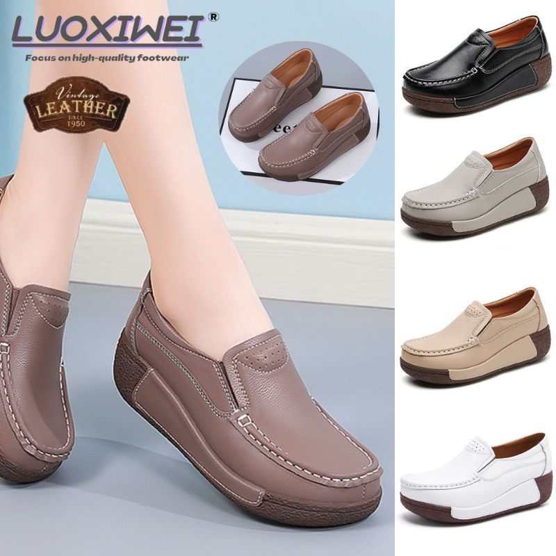 LUOXIWEI Women's Wedge shoes Heeled Loafers Genuine Leather Casual Slip On Platform Walking Shoes