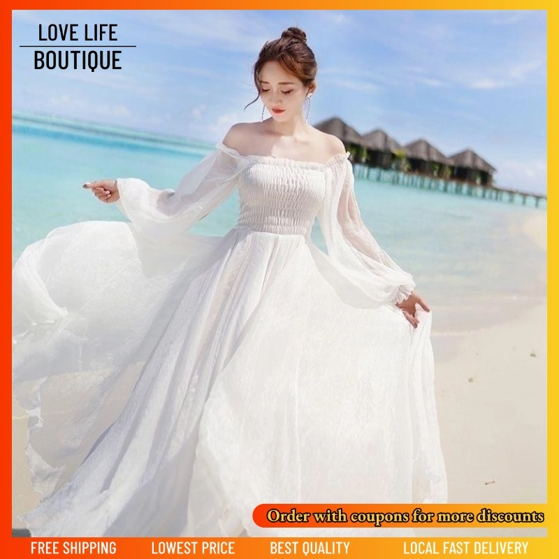 Korean White Dress Birthday Elegant Banquet Chiffon Seaside Beach Women Light Civil Wedding Dress