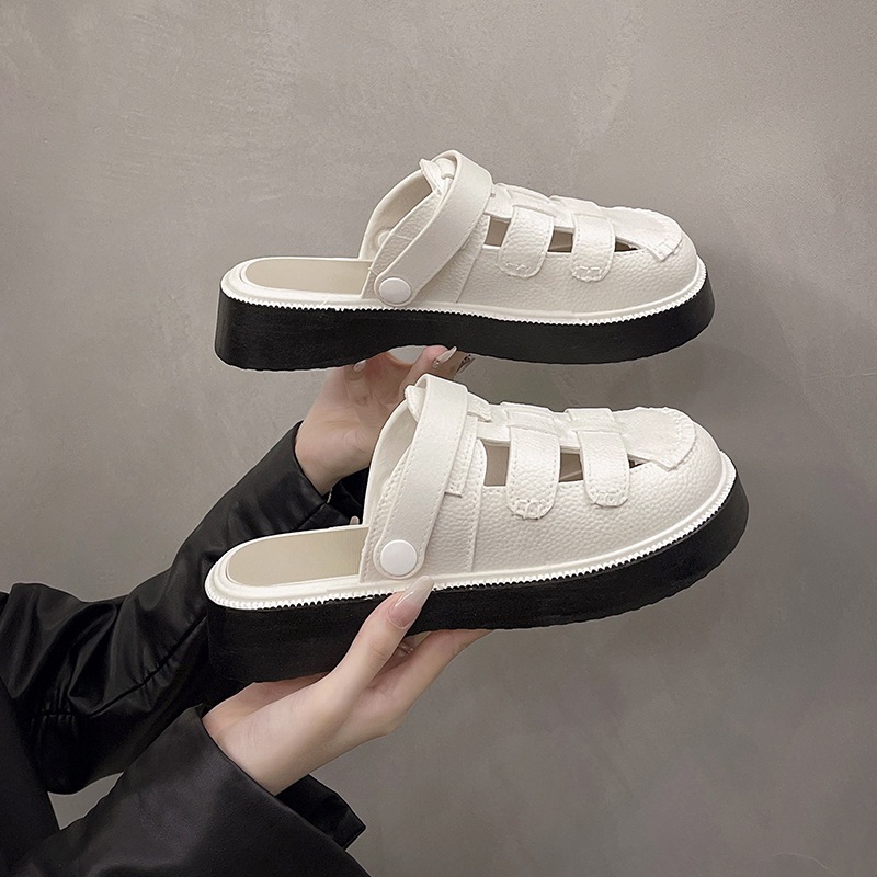 Rubber Loafer Slion-On Thick-Soled Sandals for Women Half-Slipper Hollow-Out Hole Beach Slippers