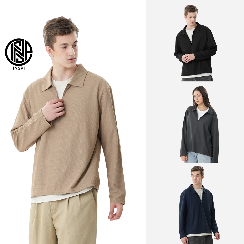 INSPI Waffle Zip Polo Long Sleeve For Men & Women Plain Sweatshirt Tops Pullover Sweater Collection