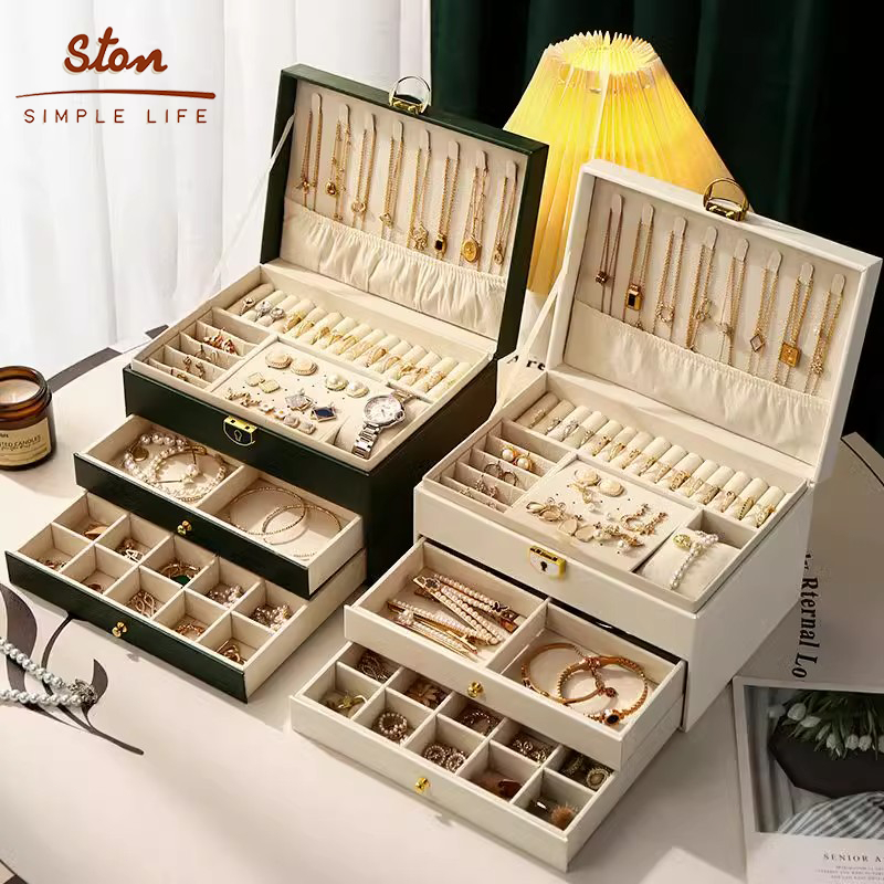 STON Elegant Jewelry Box With Lock Large Necklace Jewelry Organizer Multifunction PU Leather Box