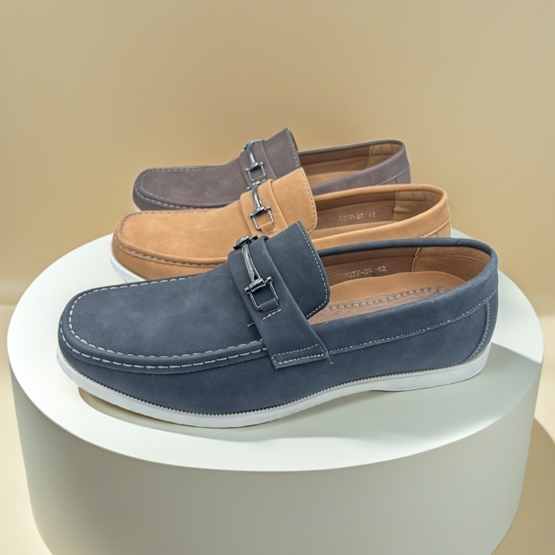 7077-20 Mens Slip-On Loafers Nubuck Leather Shoes with Buckle for Casual Formal School Office