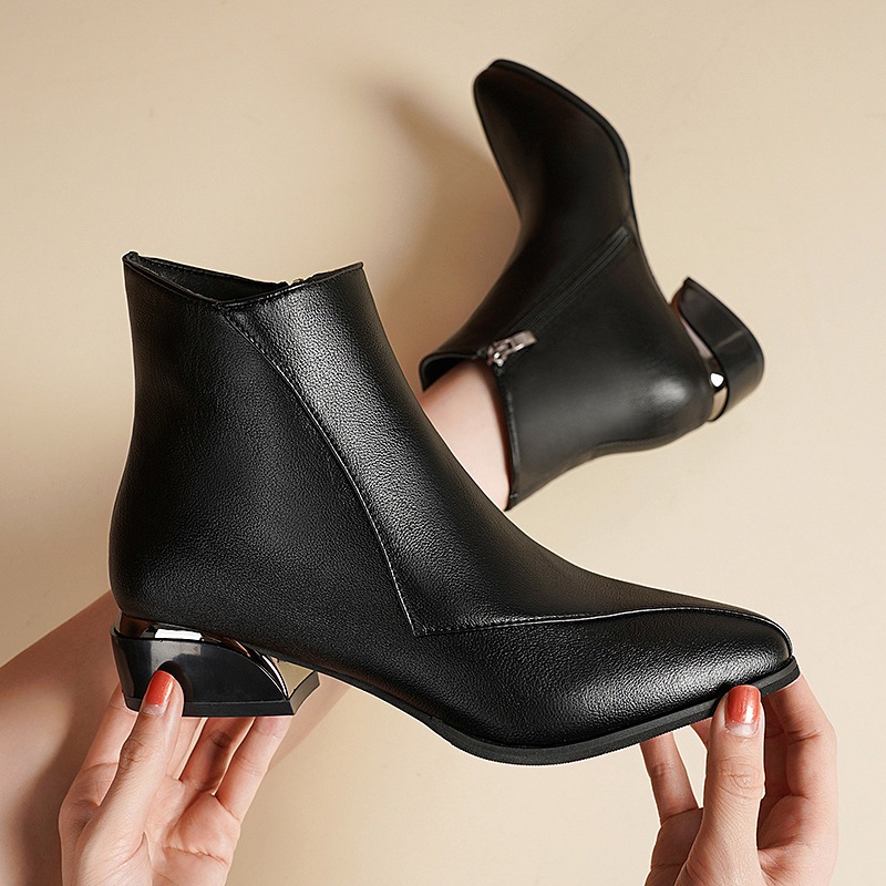 Comfy Chunky Heel Ankle Boots - Women's Solid Color Minimalist Boots, Side Zipper Trendy Point Toe