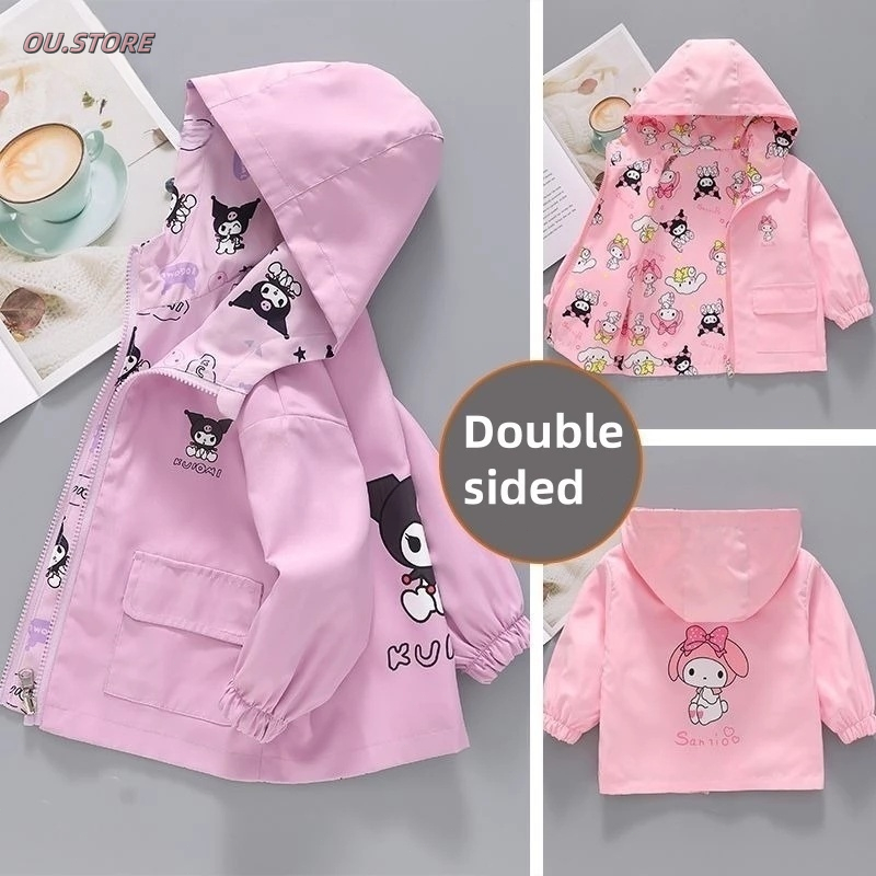 ⚡Girls Double-sided waterproofJackets Spring Autumn 2026 Sanrio Kuromi My Melody Cartoon Printed Kid