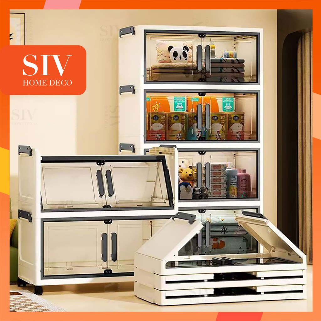 SIV 38cm/52cm Foldable Multi-Layer Storage Box Cabinet Plastic Organizer with Magnetic Door & Wheels
