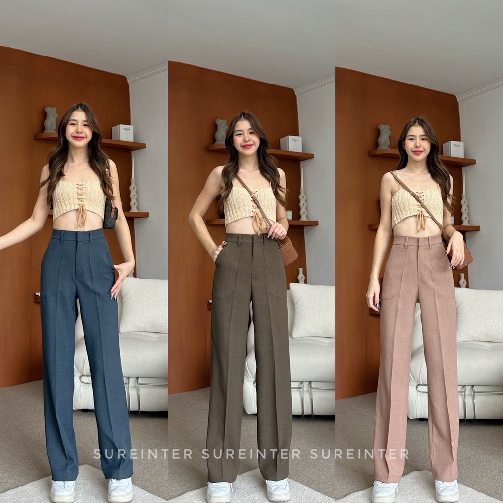 High Waist NO GARTER Trousers LINEN Wide Leg Officer Student Womenswear For Women Two Pocket *807