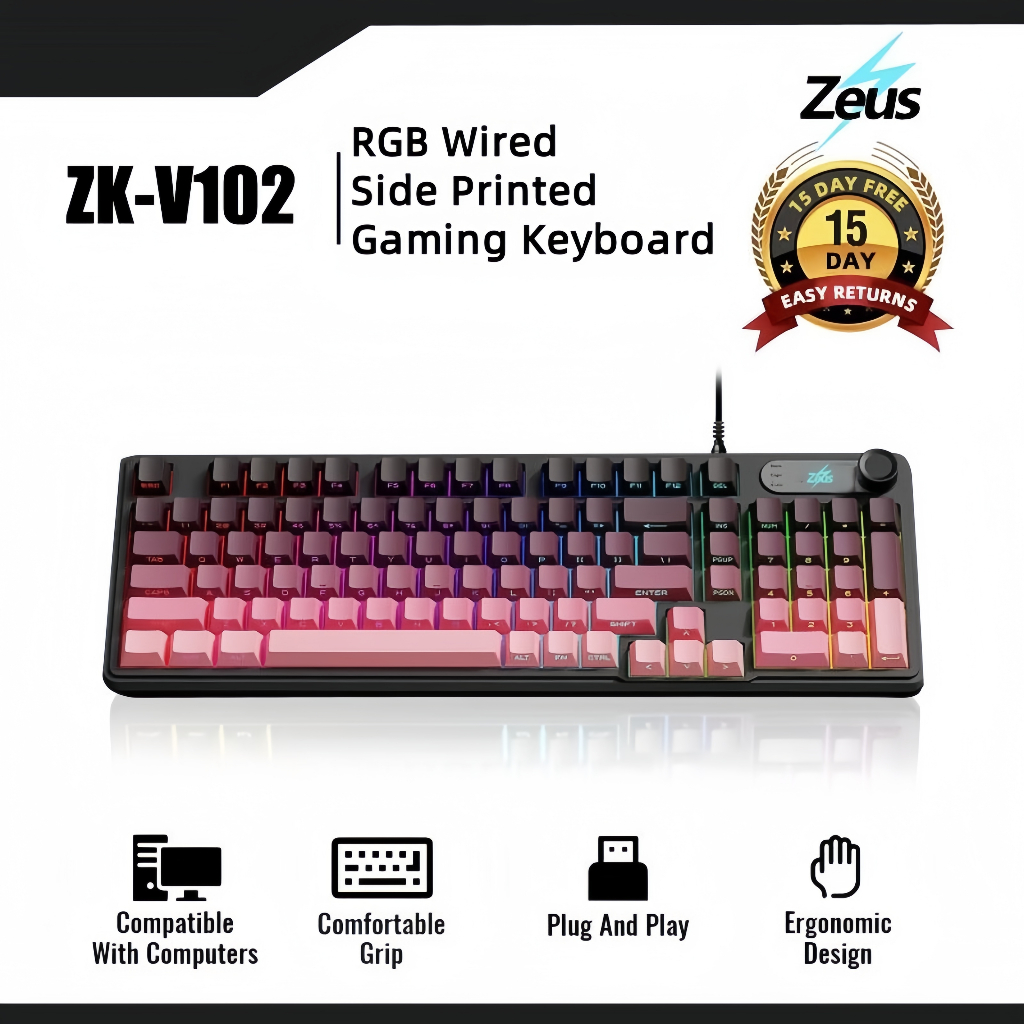 Zeus V102 RGB Mechanical Feel Keyboard 16M RGB Colors Silent Typing Volume Knob LED Logo
