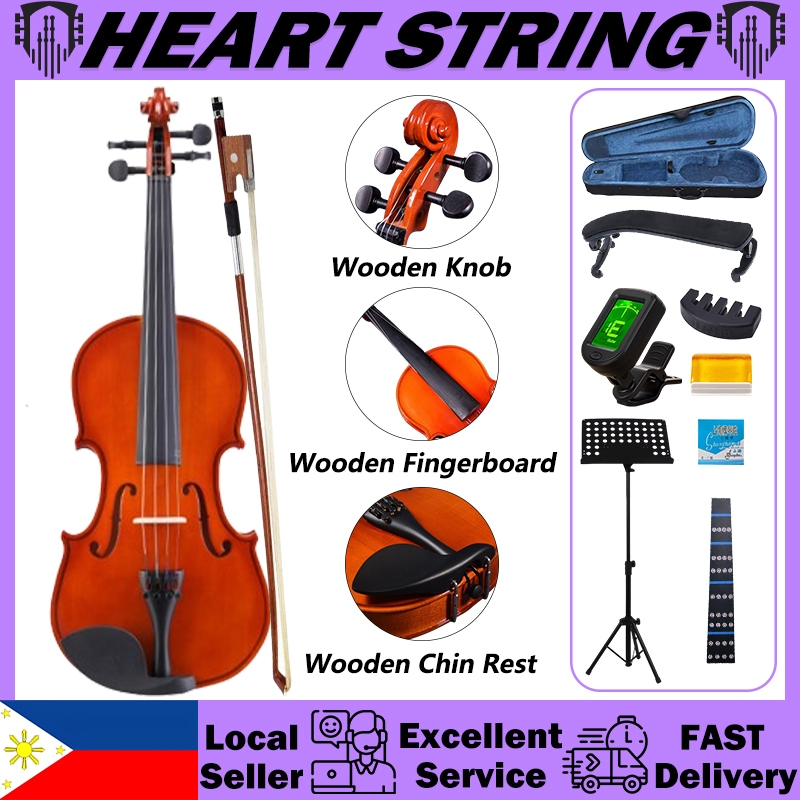 Heart String Full Size Violin Set with Wooden Fingerboard Hand Made Violin for Beginners Kids Adults