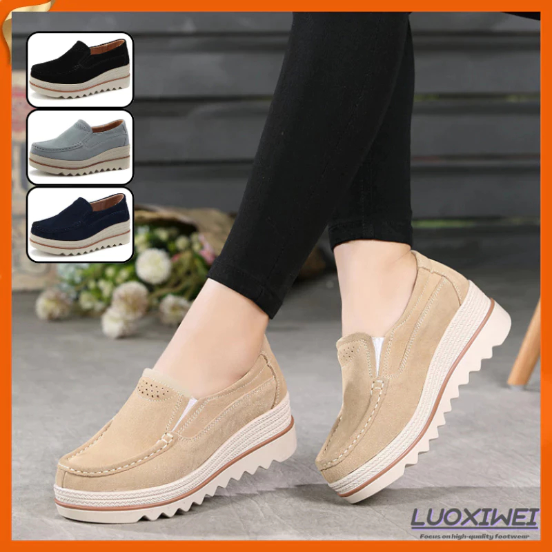 Wide Toe Platform Boat Shoes For Women Slip On Suede Wedge Non Slip Casual Footwear PH Local Stock