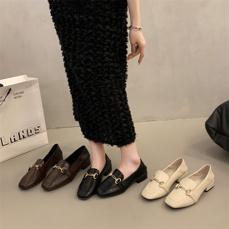 ONEW loafers Korean new low-heeled leather shoes square toe for women thick heel 1.2 INCH HEEL
