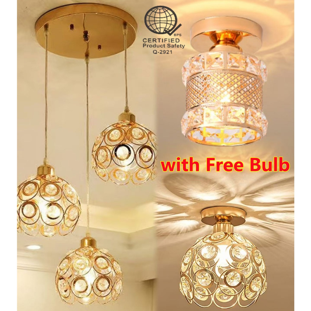 【Free Bulb】Crystal Celing Light Metal Cage Pendant Lights Drop Light Ceiling Lamp Chandelier Living