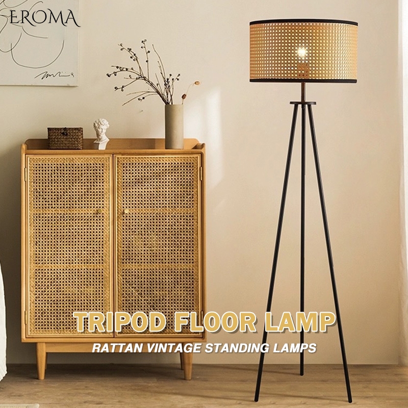 Eroma Rattan Floor Lamp Vintage Minimalist Style Living Room Sofa Bedroom Bedside Table Upright Lamp