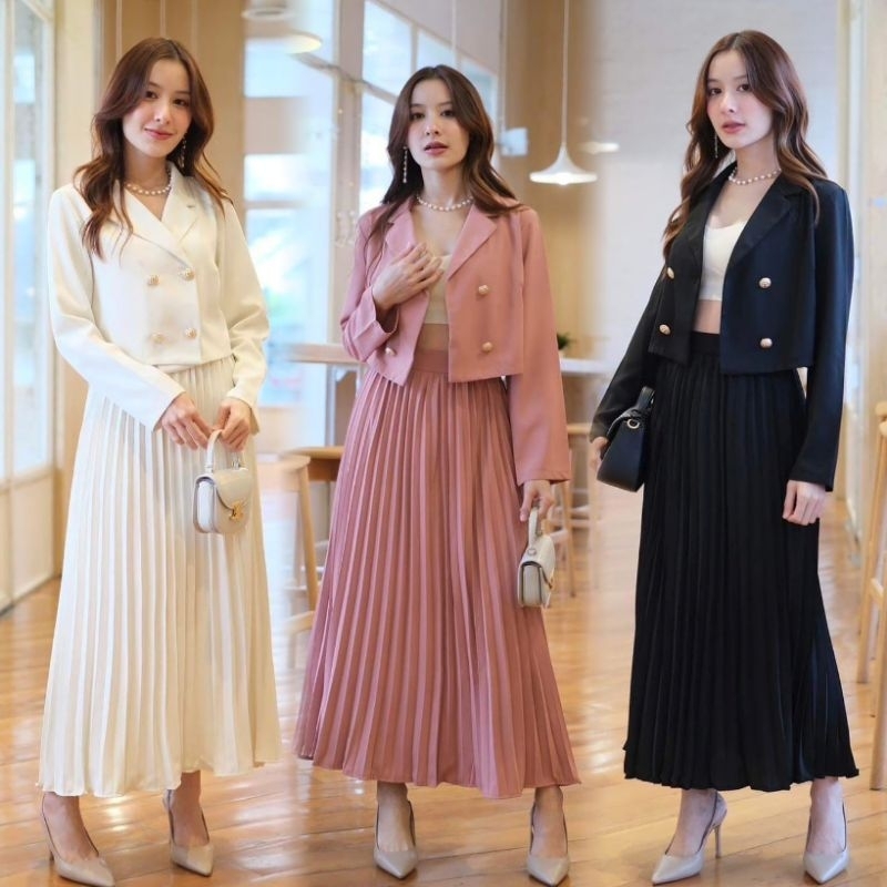 baao Bangkok Women's Long Sleeve Blazer And Pleated Midi Skirt 2pcs Elegant Coords terno