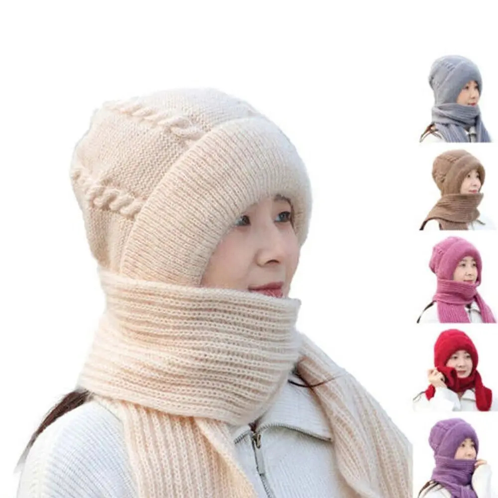Winter Windproof Integrated Cap Scarf Knitted Thickening Beanie Hat Scarf Warm Casual Neck Warmer