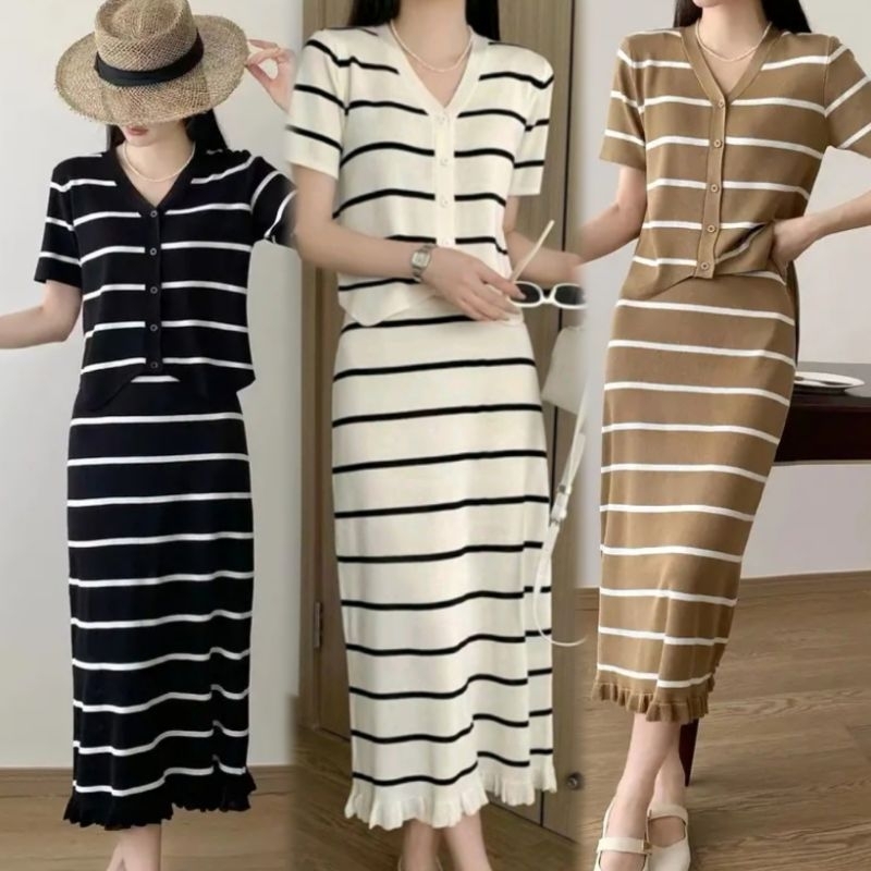 baao Fashion Casual Knitted Buttons Coords Top & Skirt terno