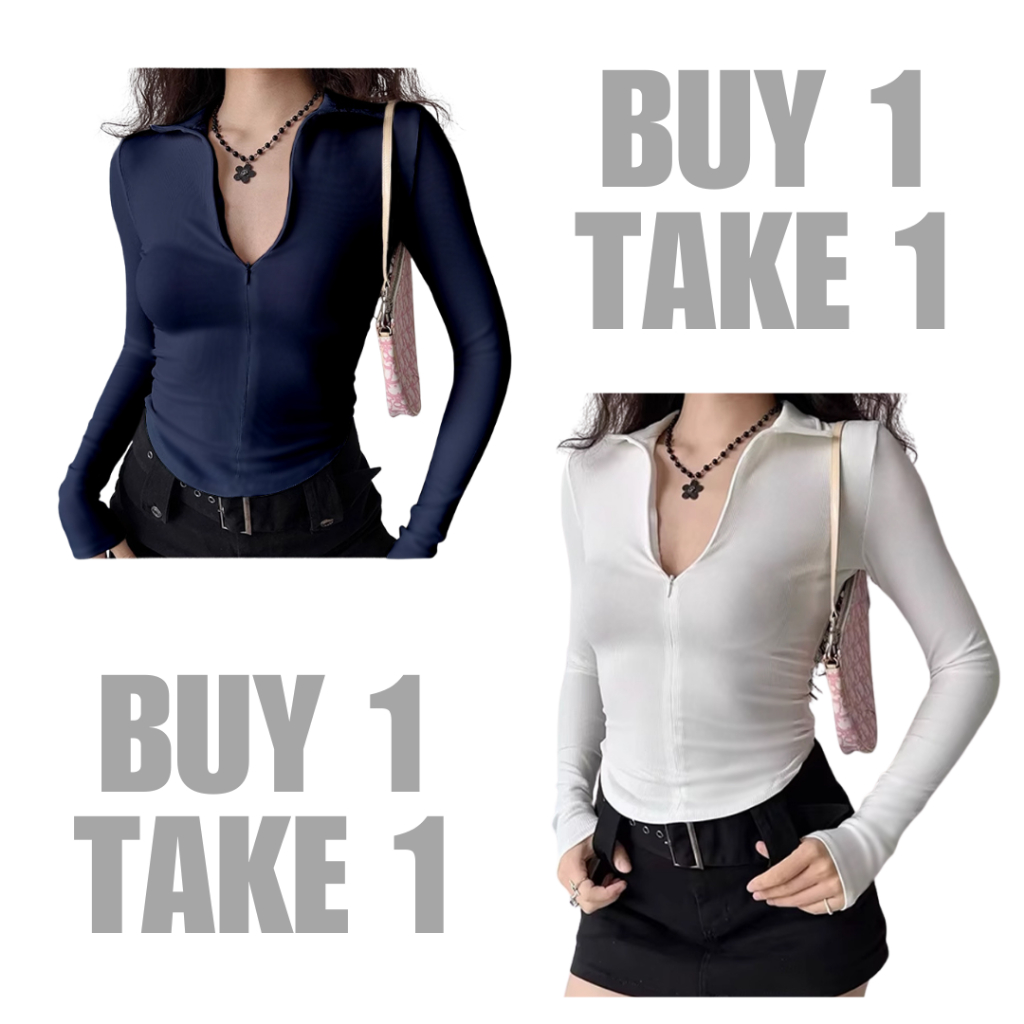 KILY.PH Tops Women Long Sleeve Top Fitted Slim Fit Basic Zip Up V Neck B1T1 S-M
