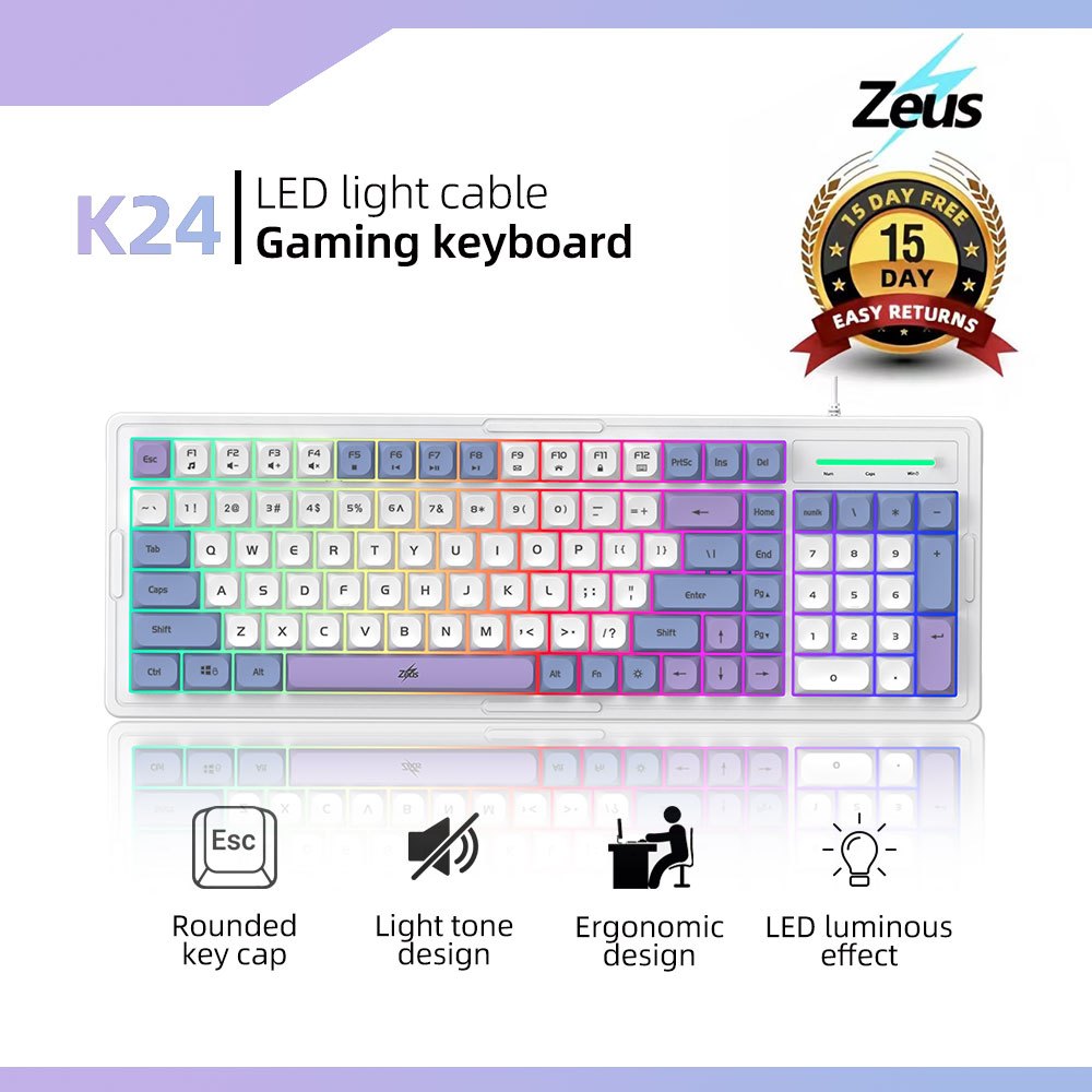 Zeus 96% K-24 Gaming Keyboard Rainbow Backlit 98 Keys Compact USB Wired Keyboard 2 Colors