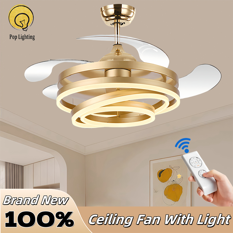 LED Ceiling Fan Light 42inch Remote Dimmable 3color Chandelier 6 Speed Invisible LED Fan Light