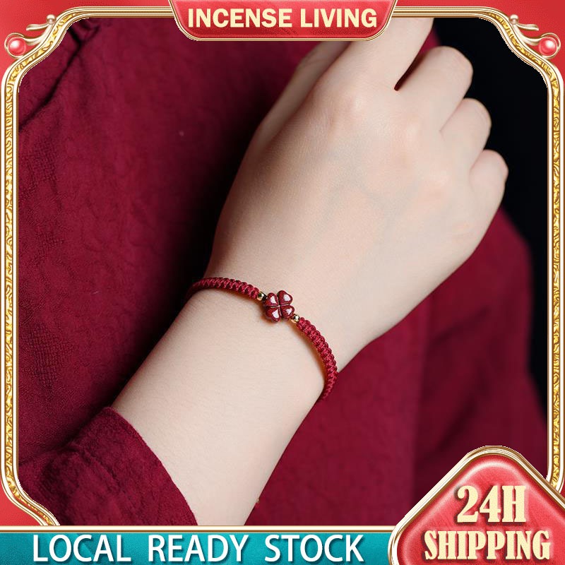 Natural Cinnabar Lucky Clover Bracelet Four-Leaf Clover Peace Knot Red Rope Lucky Charm Wristband