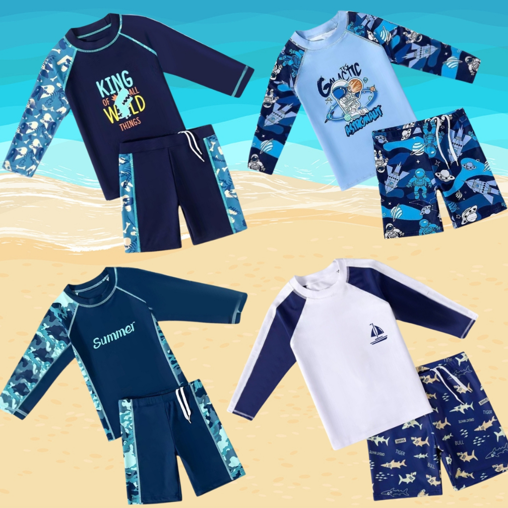 2Pc Kids Swimming Attire Rashguard Set Kids Boys Long Sleeves Tops + Rush Guard For Kids Boy Jacket
