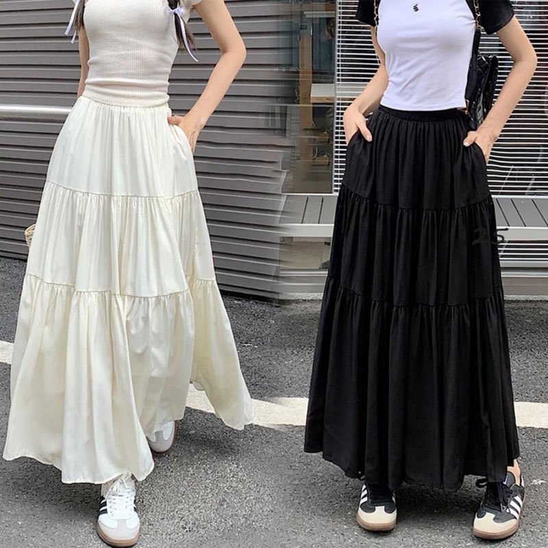 Maxi Pleated Skirt for Women With Pocket A-line Styling Elastic Waist Fashion Casual Long Skirt