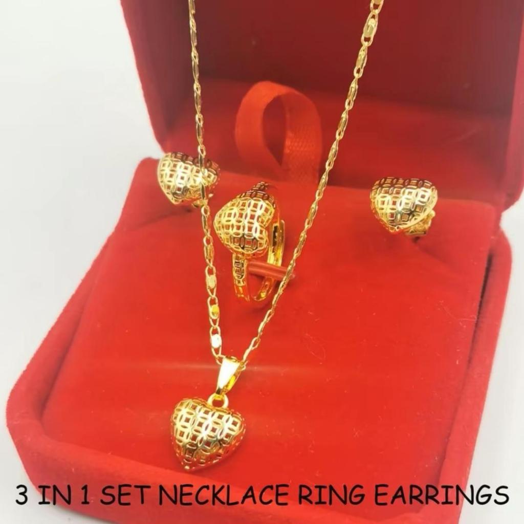 【3in1Set】Fashion Plated Stainless Steel Necklace Ring and Earrings for Women with Box