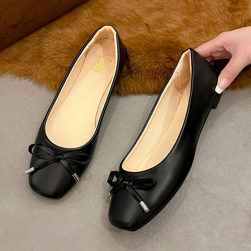 「KAEVE」black square toe flat slip on bowknot doll loafer shoes for women school
