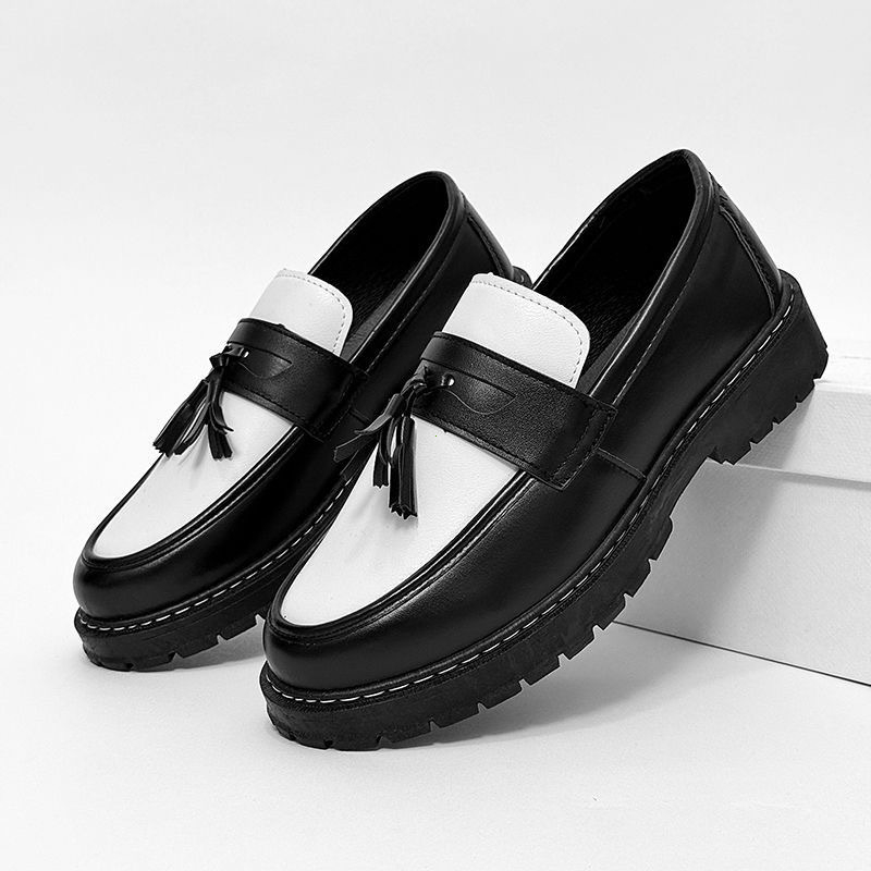 British Style Tassel Loafers for Men Original Men's Black&White Leather Shoes Couple Penny Loafers