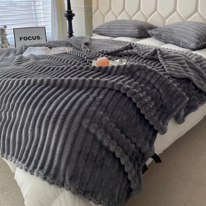 Plain With Stripes Queen Size Velvet Blanket Super Soft Fluffy Comfortable Plush Bed Linen 150x200CM