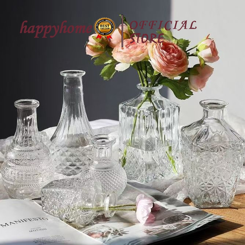 Clear Glass Vase Living Room Flower Arrangement Greek Relief Transparent Patterned Glass Decoration