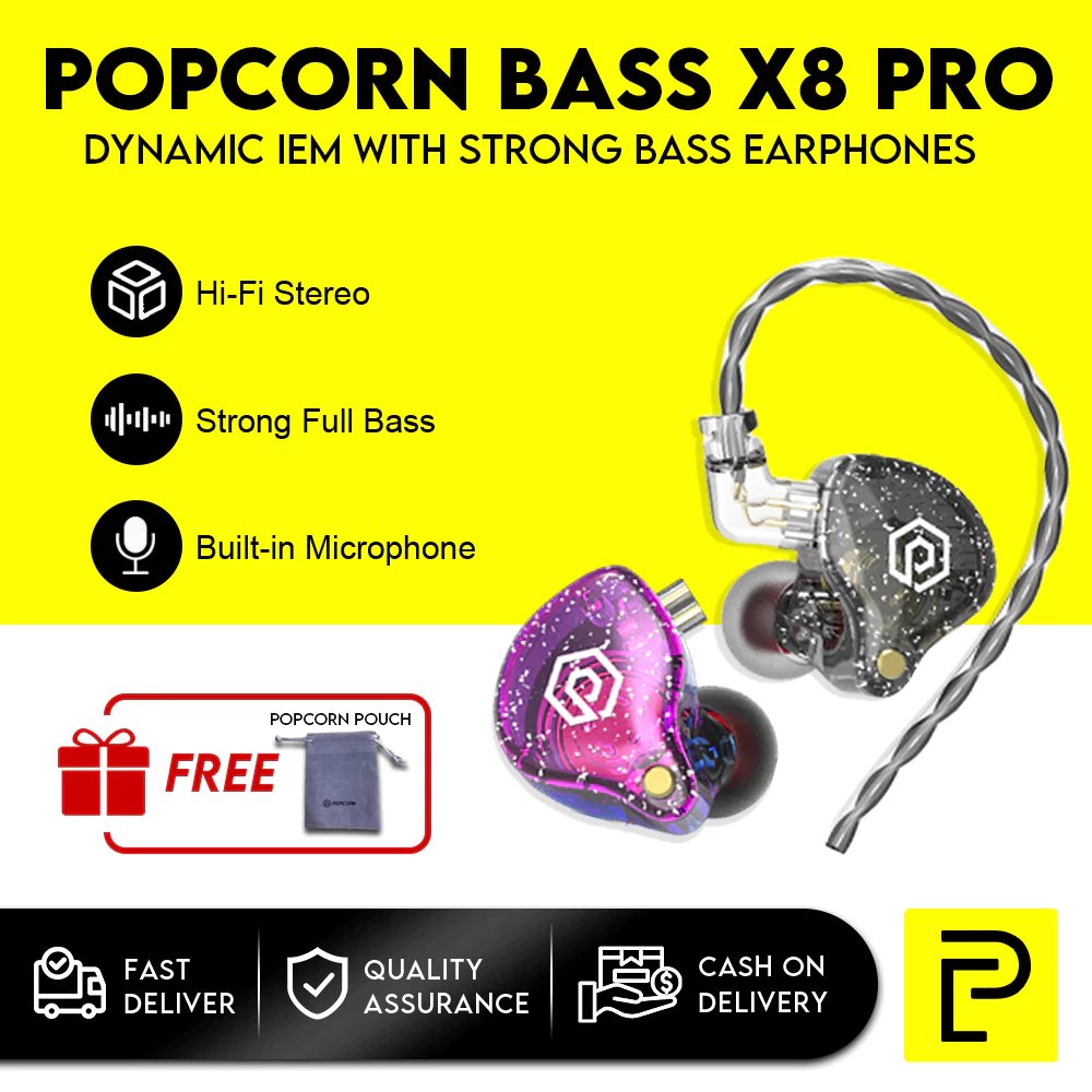 Popcorn Bass X8 Pro Dynamic Earphones Live Stream Hi Fi Bass Earbuds In-Ear Monitor Removable Mic