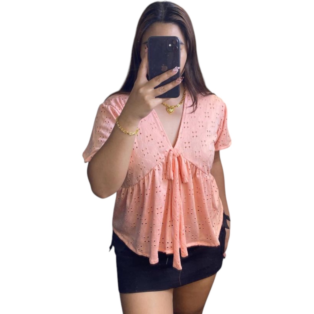 E&J Aubrey Baby Doll Blouse Basic Top Cotton Eyelet Womenswear L-2XL Stretchable Fabric