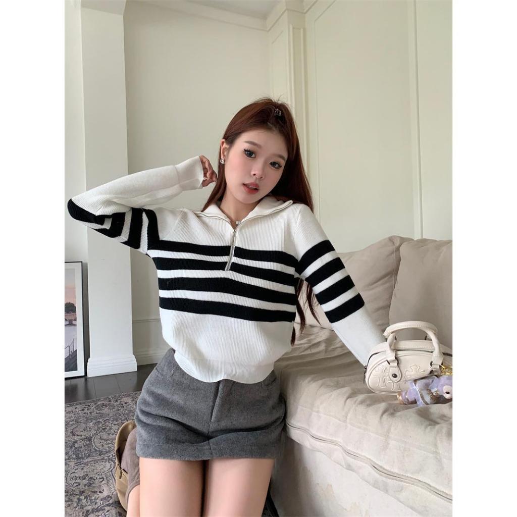 JNN Colorblock Striped Zipper Sweater: Autumn Korean Style Slim Fit Knitwear