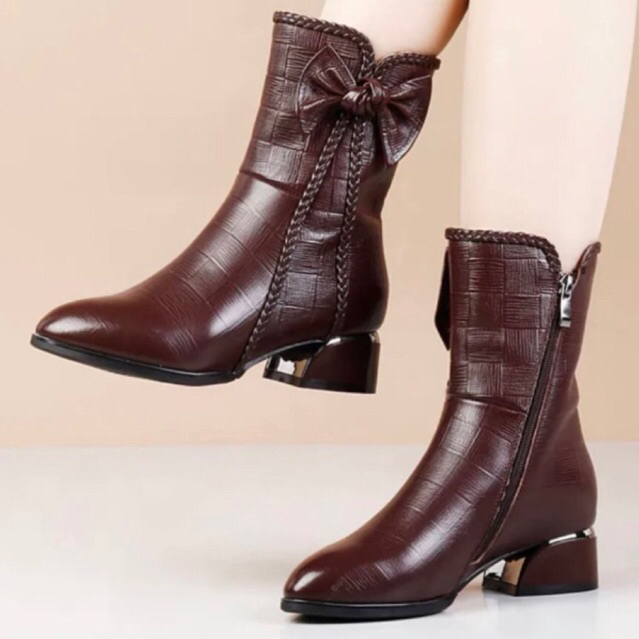 #719 New Pointed Toe Leather Braided Bow Thick Heel Ankle Zipper(1.5 INCH)