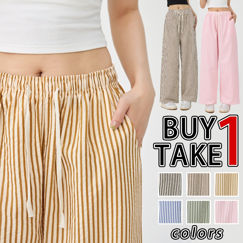 【BUY1TAKE1】 Women's Vertical Stripe t Wide Leg Pants Two Pockets, Loose Straight Leg Cotton Trousers