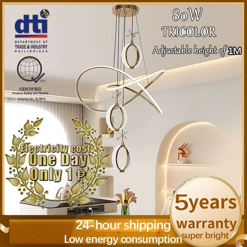 80W LED Tricolor Chandelier Modern Minimalist Chandelier Ceiling Lights for Living Room Bedroom COD