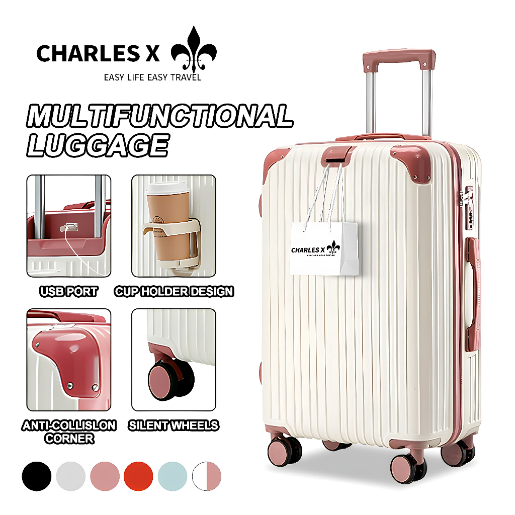 CHARLES X 20-28 inch Luggage with Cup Holder Charging Port Travel Bag Hand Carry Maleta Trolley Case