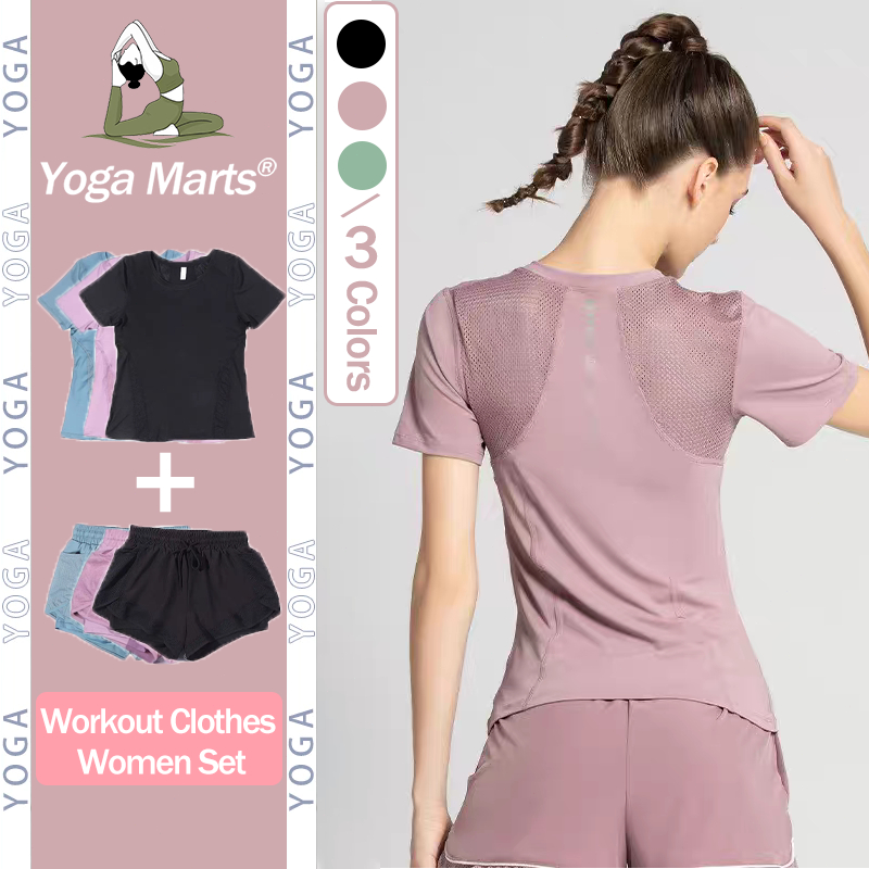 Yoga Sports Top Workout Clothes Women Set Short Sleeve Yoga T-Shirt Gym Top Yoga Shorts High Waist