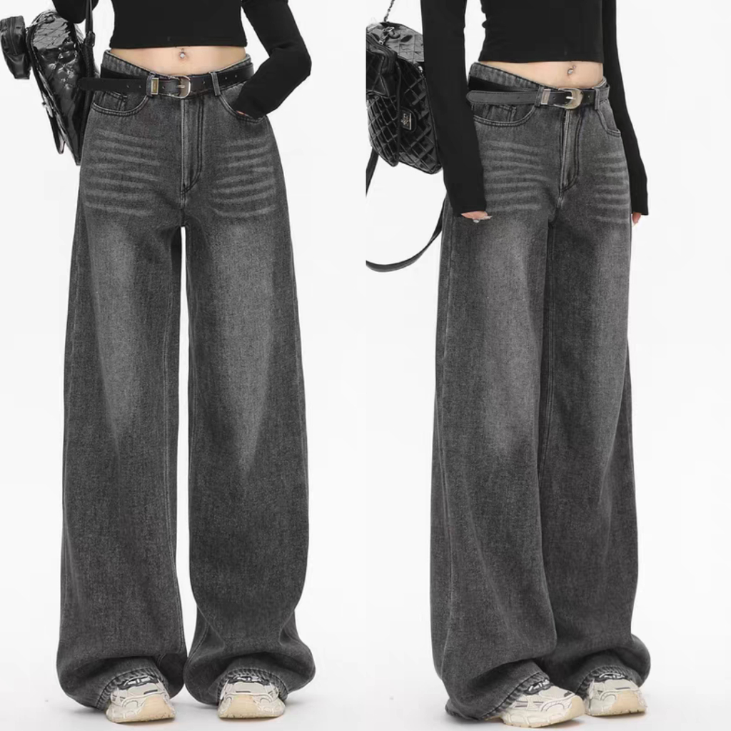 Gray Wide-Leg Jeans | High-Waisted Vintage style Loose-fitting Fashion Jeans | Unisex