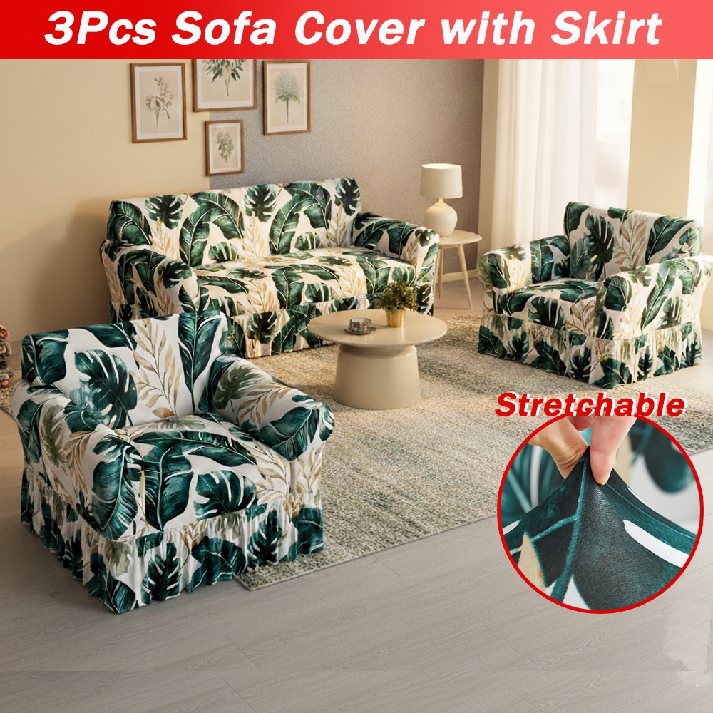 3 in 1 Sofa Covers Set Armrest Stretchable Sofa Cover Set Ruffle Skirt Design 2pc 1Seater& 3Seater