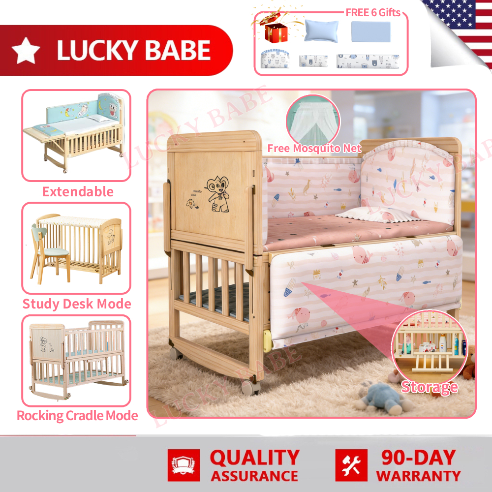 Wooden Crib Wooden Shelf Crib Rocker Crib with Mosquito Net and Changing Table Crib