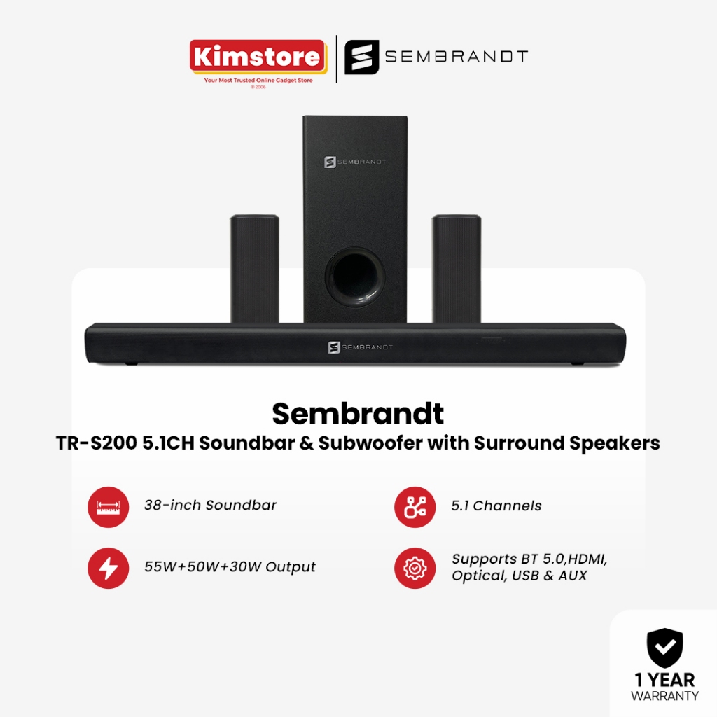 Sembrandt TR-S200 5.1CH Soundbar and Subwoofer with Surround Speakers